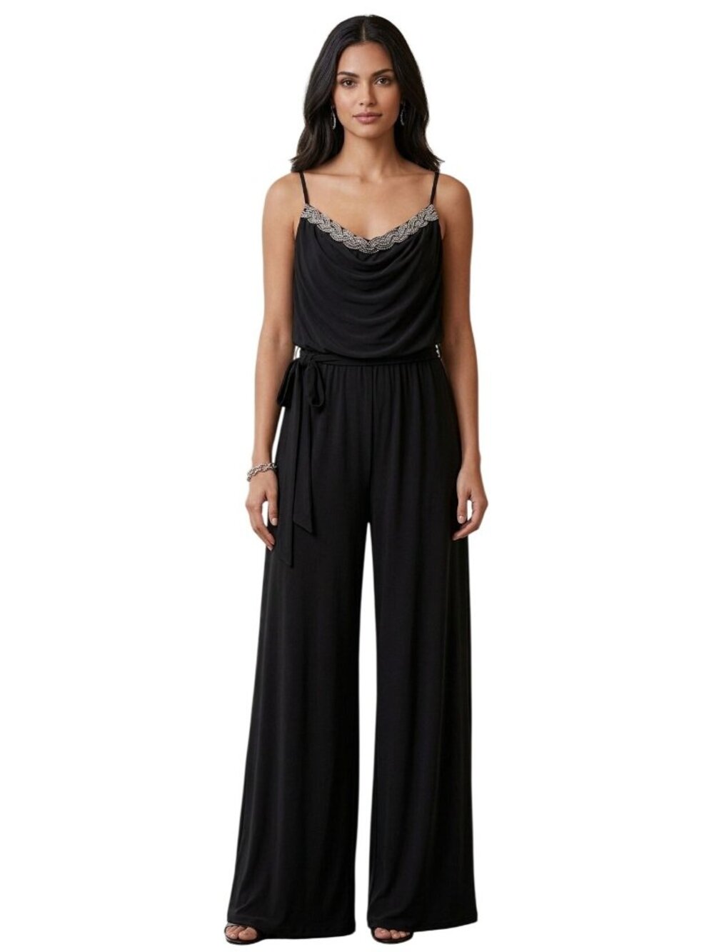 White House Black Market Jumpsuit Size 4 Black Beaded Draped Neck Straps Spaghet